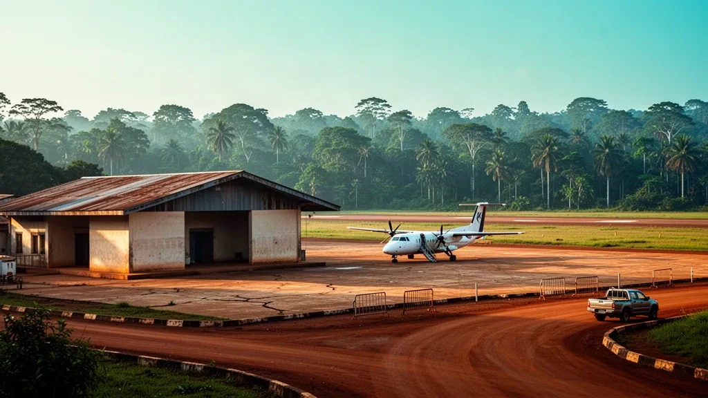 Eingeschossiges Terminal und Turboprop-Flugzeug am Flughafen Ouesso im Kongo, umgeben von dichtem Regenwald des Kongobeckens in warmem Nachmittagslicht.