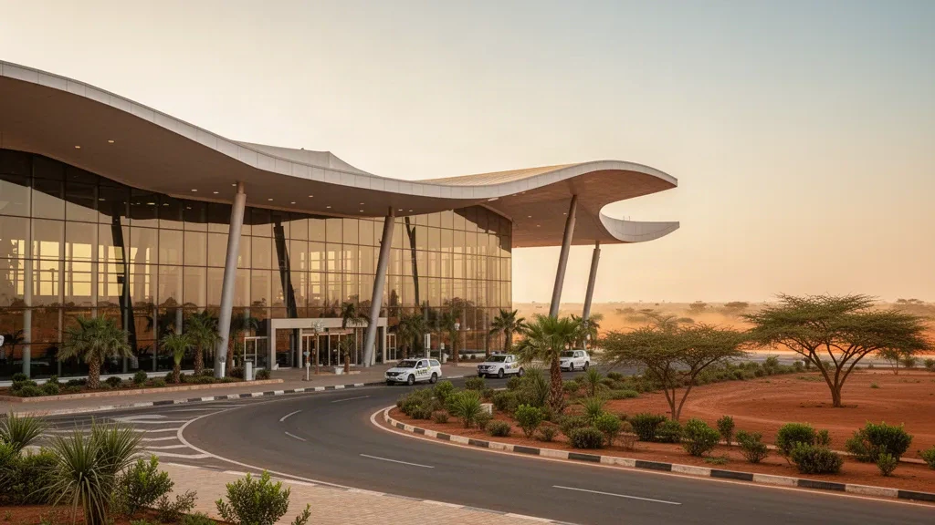 Moderne Glasfassade des Terminals am internationalen Flughafen Ouagadougou Thomas Sankara im warmen Licht der goldenen Stunde