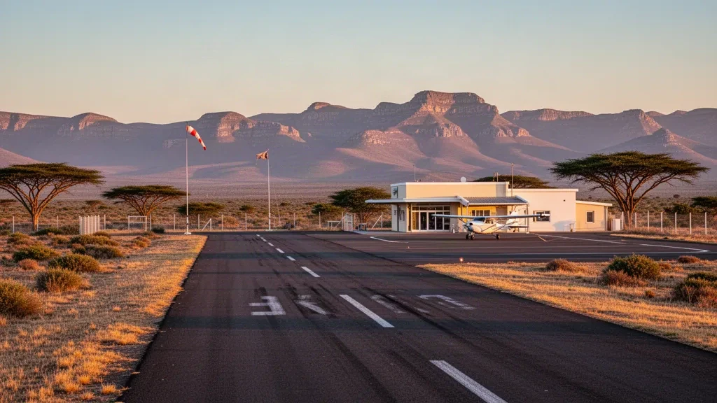 Blick zur goldenen Stunde auf den Flughafen Oudtshoorn in der Kleinen Karoo, Südafrika, mit kleiner Startbahn, bescheidenem Terminal und dem Swartberg-Gebirge im Hintergrund