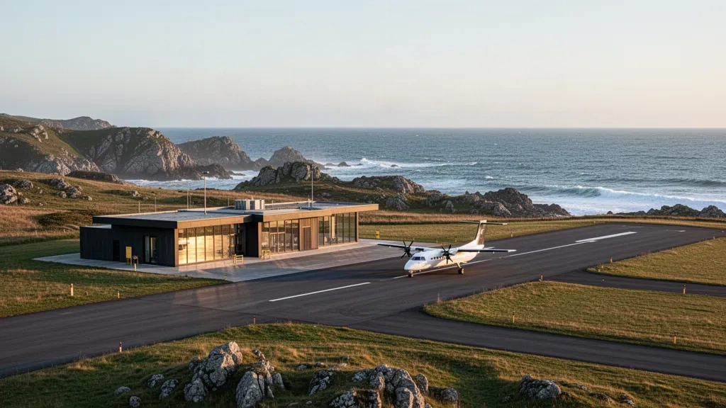 Pequeña terminal aeroportuaria en una isla de Ouessant con una pista que se extiende hacia el océano Atlántico bajo la luz de la hora dorada.