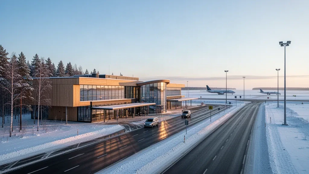 Extérieur moderne du terminal en verre et en bois à l'aéroport d'Oulu en Finlande pendant une heure dorée enneigée, avec tarmac, voie de circulation et voies de dépose vides.