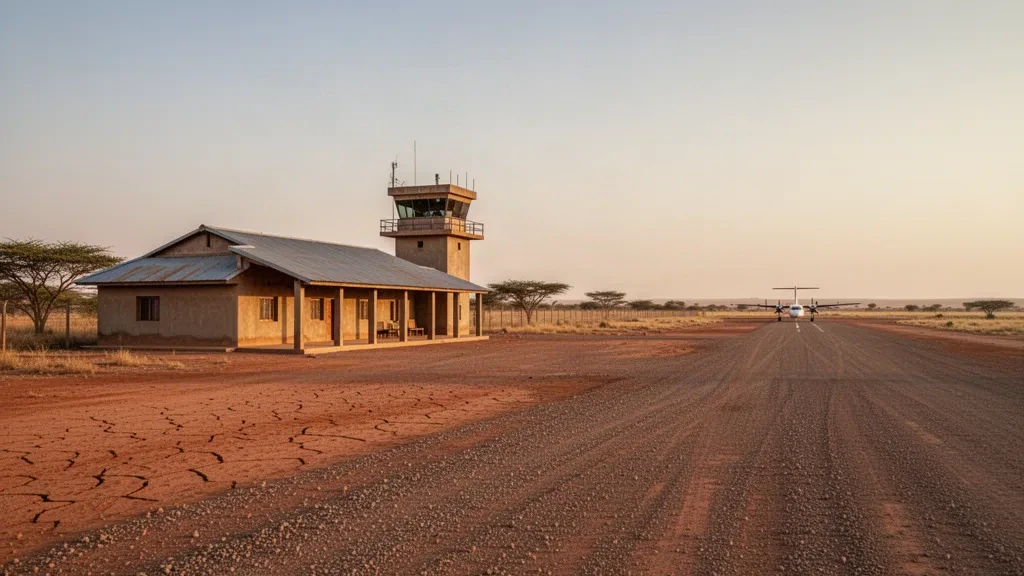 Vista durante la hora dorada de la pequeña terminal, la pista de grava y el paisaje seco del Sahel en el Aeropuerto de Oum Hadjer en Chad.