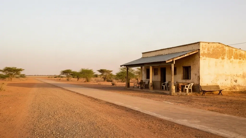 Piste sahélienne isolée et bâtiment terminal bas à l'aéroport d'Oum Hadjer au Tchad sous un large ciel poussiéreux