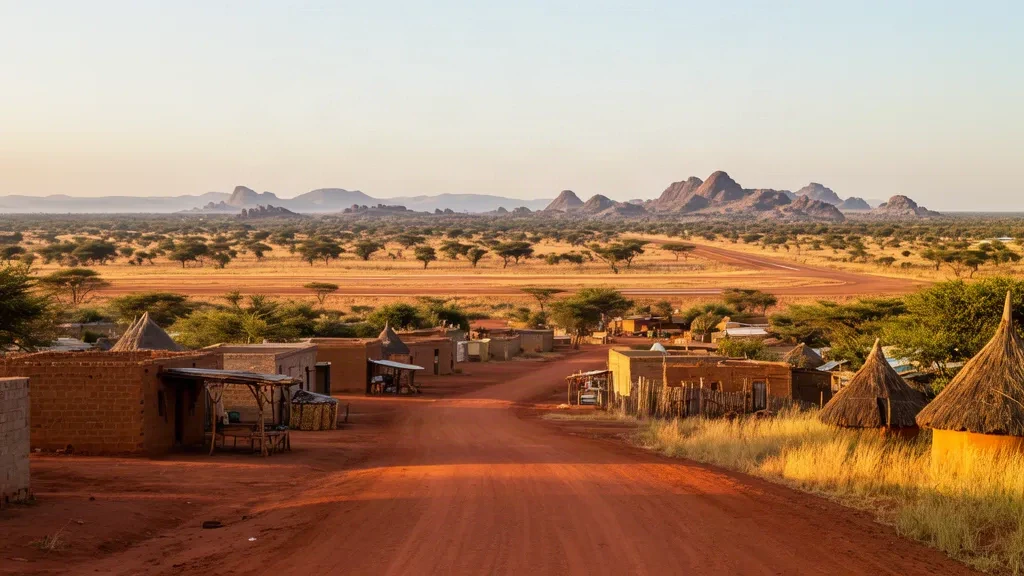 Route de latérite poussiéreuse, maisons en briques de terre et savane boisée sèche à Birao, préfecture de Vakaga, République centrafricaine, à l'heure dorée