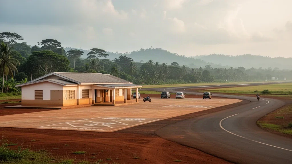 Piccolo terminal regionale, piazzale e strada di accesso all'aeroporto di Batouri nel Camerun orientale, circondati dalla foresta tropicale sotto una soffusa luce dorata