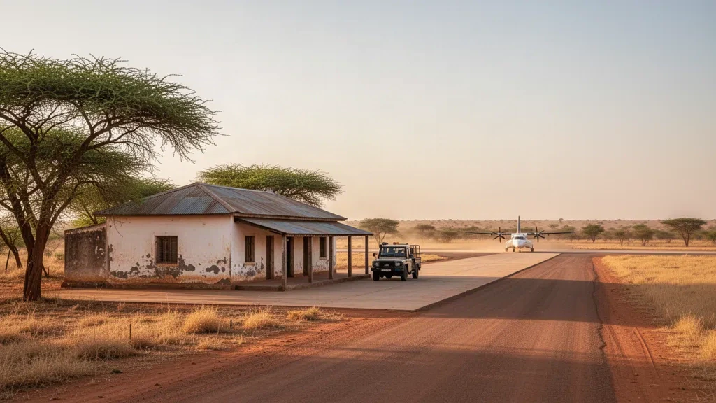 Small regional airstrip and terminal serving Bousso, Chad, with a dusty apron, dry Sahel savanna and warm golden-hour light