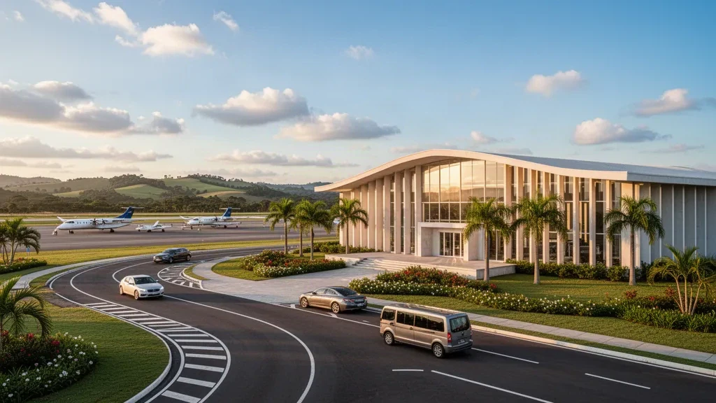 Vue à l'heure dorée du terminal moderne en verre et de la voie de dépose à l'aéroport Jornalista Benedito Pimentel à Ourinhos, au Brésil