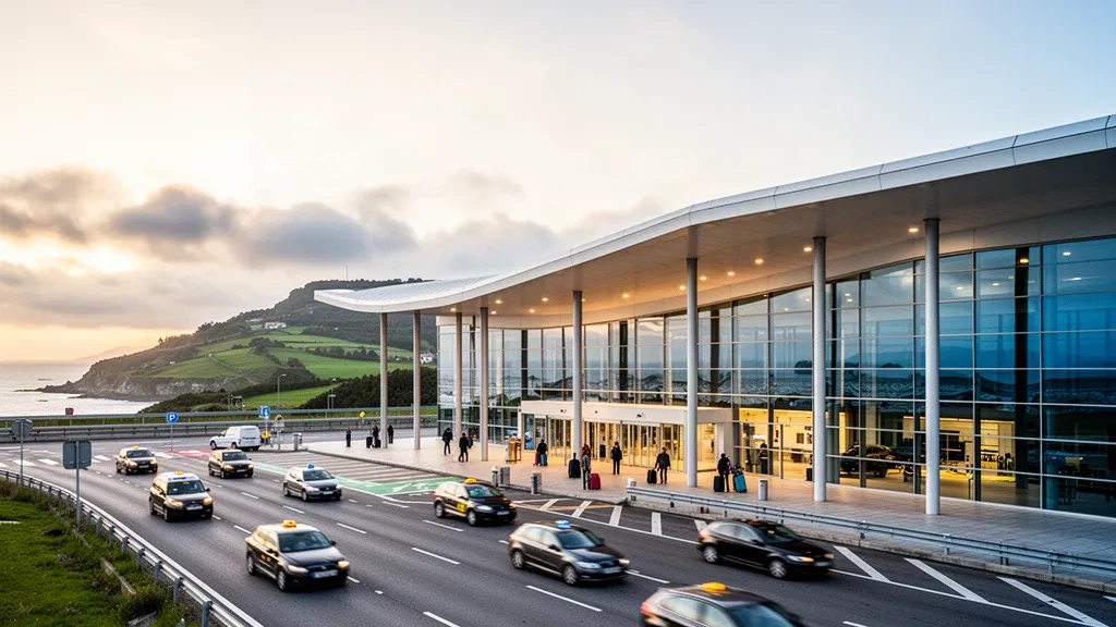 Moderner Glas-Terminal von außen am Flughafen Asturien in Nordspanien mit Taxi-Haltebuchten und grünen Hügeln dahinter.