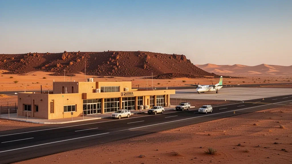 Terminal e piazzale del deserto presso l'Aeroporto di Tazadit vicino a Zouérat, Mauritania, illuminati dalla calda luce dorata del Sahara