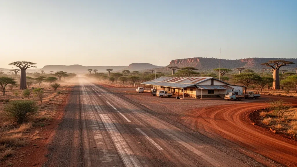 Petite piste régionale et modeste bâtiment terminal à l'aéroport de Bekily, dans le sud de Madagascar, sous une chaude lumière de fin d'après-midi