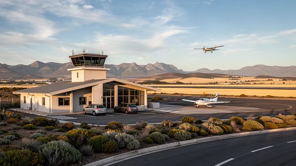 Außenansicht des Terminals des Overberg Airport in den Western Cape mit Startbahn, abgestellten Leichtflugzeugen und Licht zur goldenen Stunde