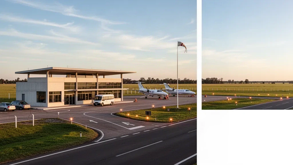 Terminal basso e moderno, strada di accesso e piccoli aerei sul piazzale dell'Aeroporto di Olavarría, nelle pianure della Pampa argentina.