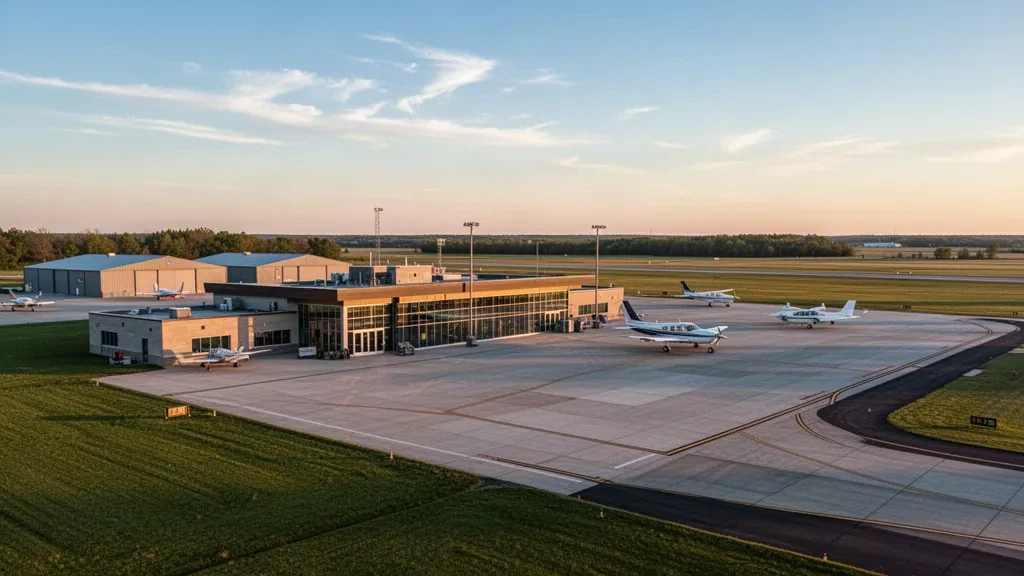 Minnesota'daki Owatonna Degner Regional Havalimanı'nın terminal, hangarlar ve genel havacılık apronu ile altın saatlerde görünümü.