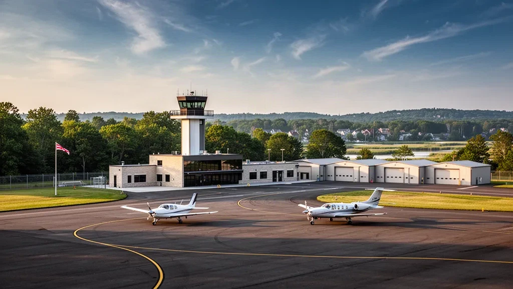 Golden-hour view of Norwood Memorial Airport in Massachusetts, with its terminal, control tower, hangars and general aviation ramp.
