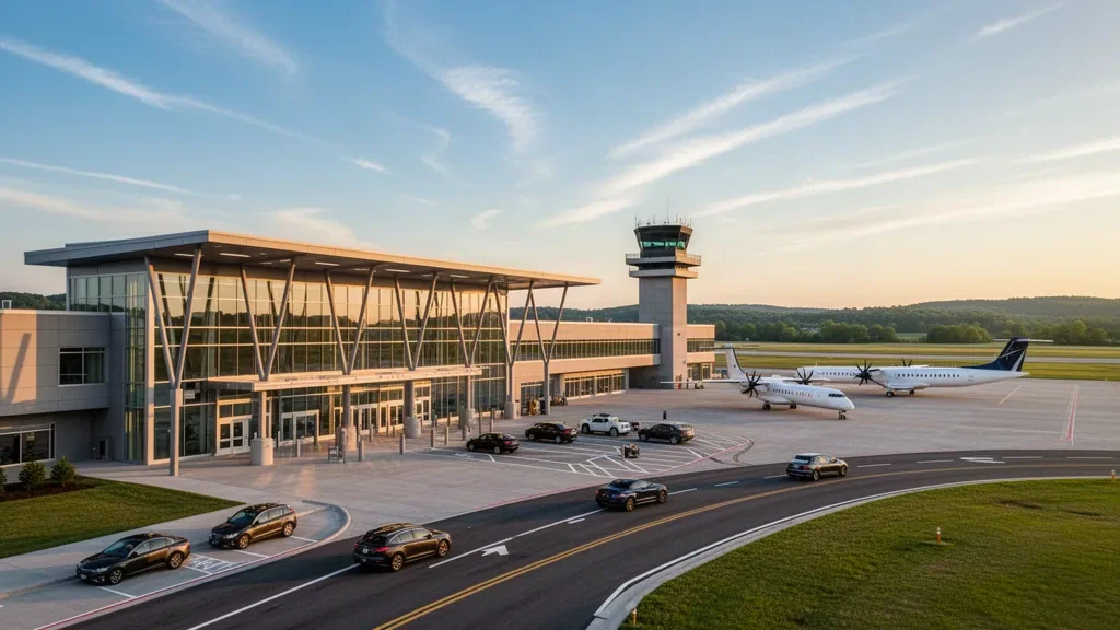 Exterior de terminal moderna y carriles de descenso en el Aeropuerto Owensboro Daviess County durante una cálida luz dorada.