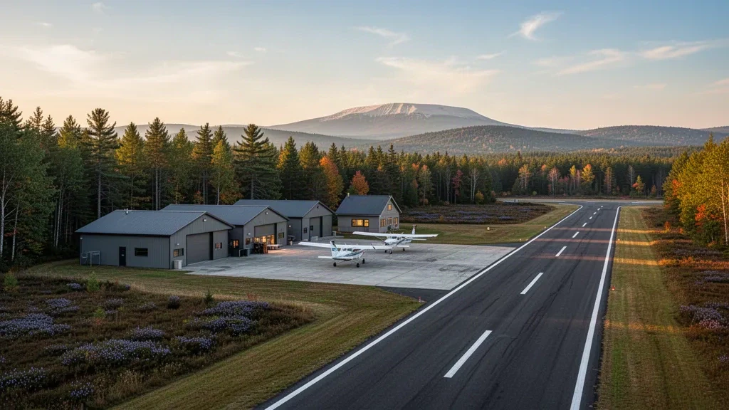 Petits hangars d'aviation générale et piste pavée à l'aéroport Central Maine de Norridgewock, dans le Maine, entourés d'une forêt de pins à l'heure dorée