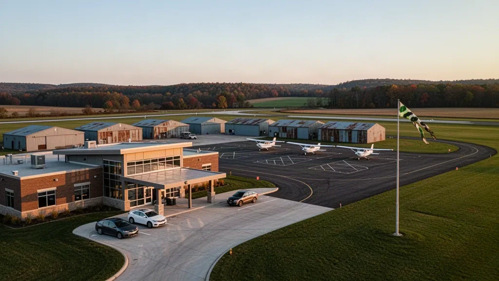 Blick zur goldenen Stunde auf den Miami University Airport in Oxford, Ohio, mit Leichtflugzeugen auf dem Vorfeld, Hangars und dem Terminalgebäude dahinter