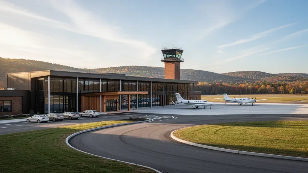 Modernes Terminal für die allgemeine Luftfahrt, Kontrollturm und Vorfeld mit Flugzeugen am Flughafen Waterbury-Oxford in Connecticut an einem klaren Tag