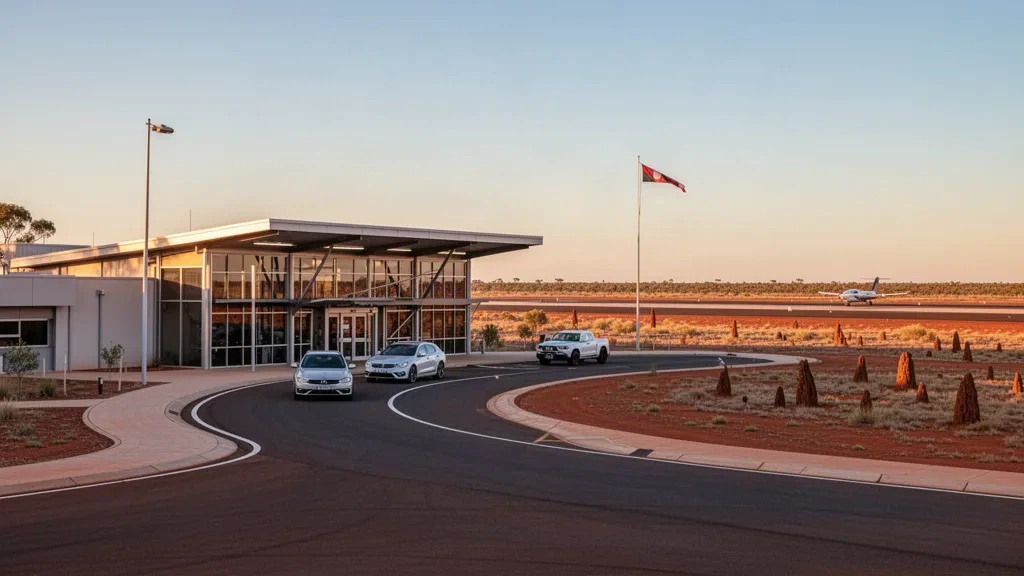 Kleines regionales Flughafenterminal, Aussteigespur und leere Start- und Landebahn zur goldenen Stunde nahe Orientos, Australien.