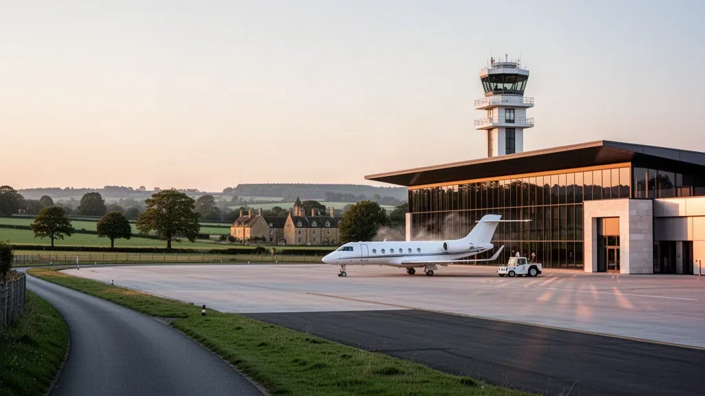 Oxfordshire'daki Londra Oxford Havalimanı'nda sıcak altın saat ışığı altında modern cam terminal ve iş jeti apronu