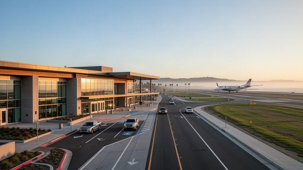 Esterno moderno del terminal dell'Aeroporto di Oxnard nella Contea di Ventura, California, con strade di accesso, un aereo sulla pista e la luce dorata della costa al tramonto.
