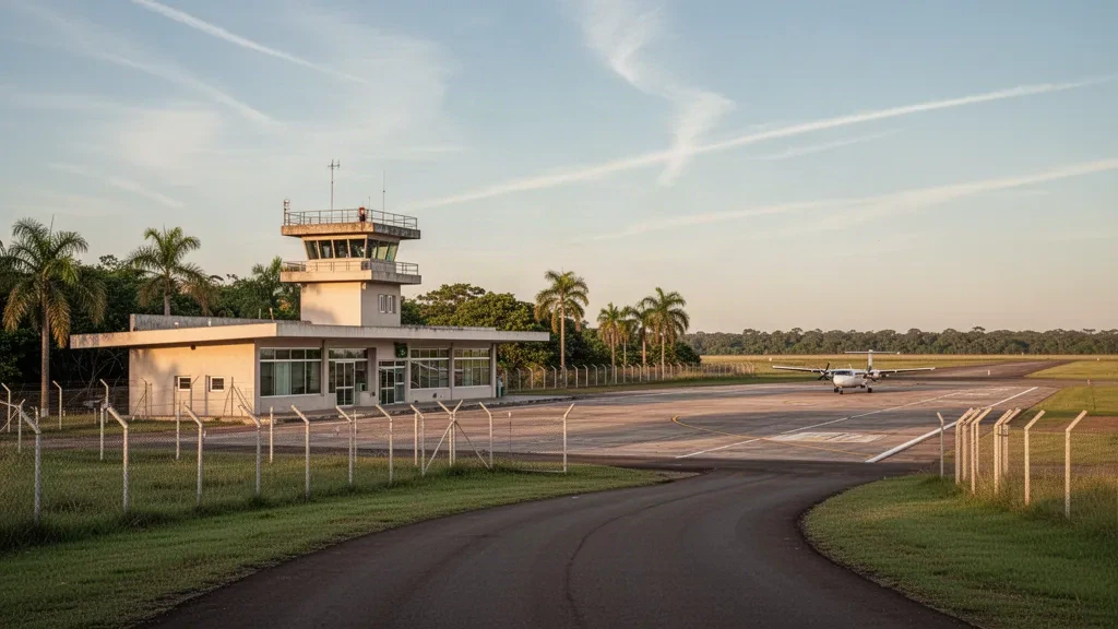 Small regional terminal, apron and subtropical greenery at Goya Airport in Corrientes, Argentina, in warm late-afternoon light