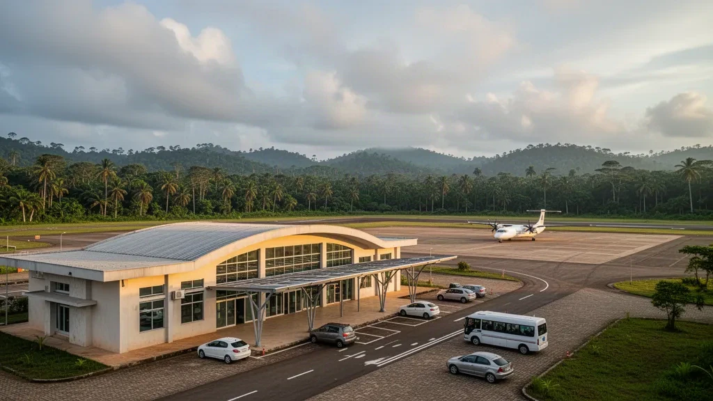 Low-rise terminal, drop-off lane and tropical rainforest surroundings at Oyem Airport in northern Gabon under warm equatorial light