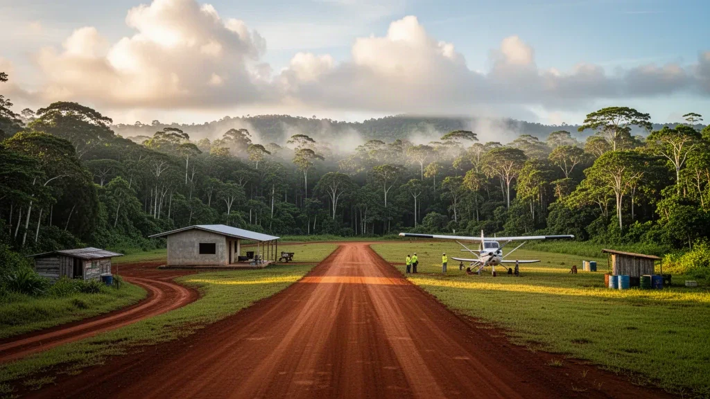 Abgelegene Regenwald-Landebahn nahe Camopi in Französisch-Guayana mit roter Laterit-Piste, kleinem Nutzflugzeug und dichtem Amazonas-Baumdach zur goldenen Stunde