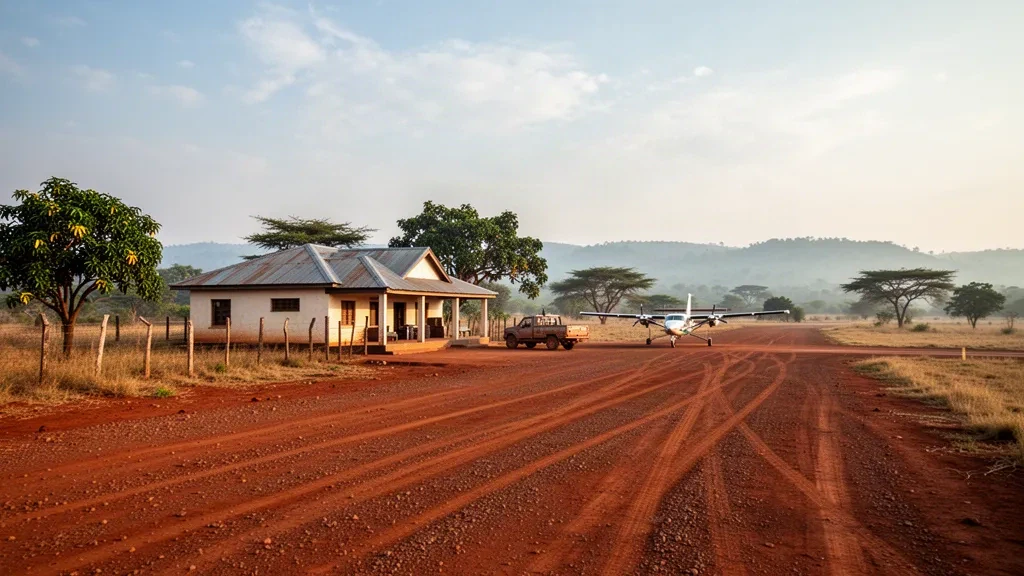 Pista de aterrizaje rural, edificio terminal y avión ligero en el Aeropuerto de Moyo, en el norte de Uganda, con luz cálida de la mañana