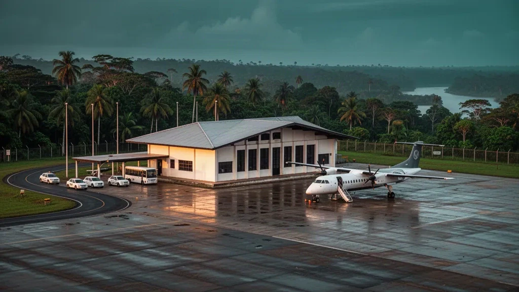 Regionales Terminal und Turboprop-Flugzeug auf dem Vorfeld des Flughafens Oiapoque in Amapá, Brasilien, umgeben von Amazonas-Regenwald nach tropischem Regen