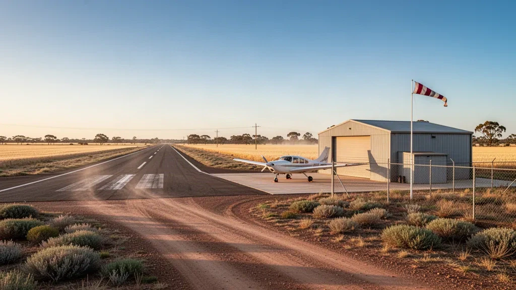 Piccola pista rurale dell'aeroporto di Ouyen nella regione del Mallee, Victoria, con un aereo leggero e terreno agricolo aperto sotto la luce dorata del pomeriggio.