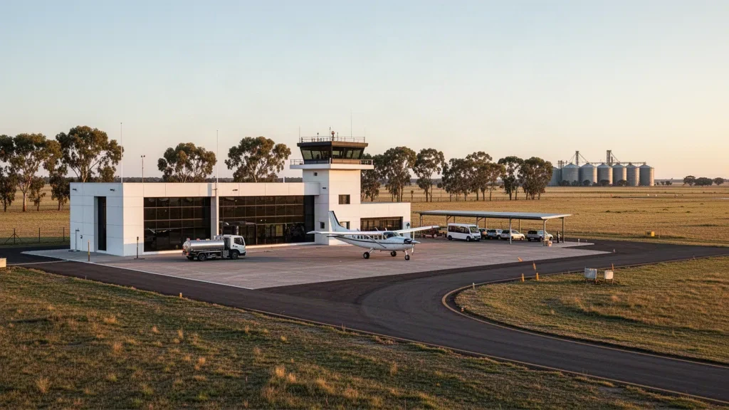 Terminal moderno, piazzale di sosta e strada di accesso all'Aeroporto di Tres Arroyos nella provincia di Buenos Aires, in Argentina, con la chiara luce pomeridiana della Pampa.