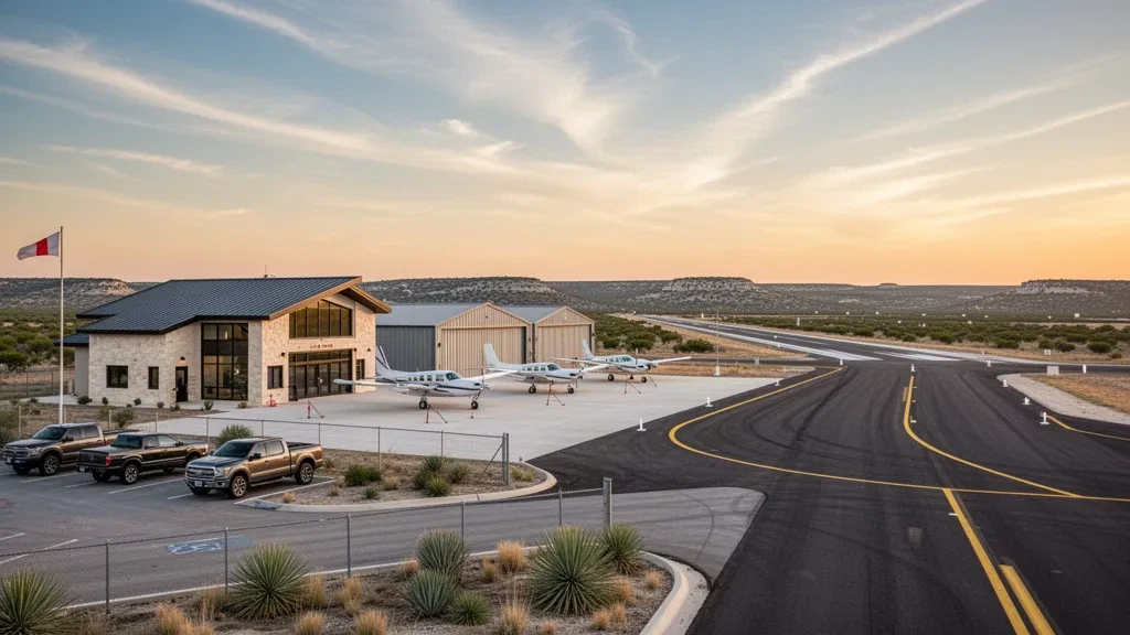 Kleiner Flugplatz der allgemeinen Luftfahrt in West-Texas zur goldenen Stunde, mit Hangars, abgestellten Leichtflugzeugen und offenem Himmel in der Nähe des Ozona Municipal Airport.