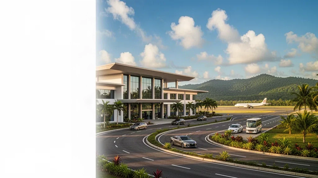 Extérieur d'un terminal moderne et route de dépose à l'aéroport de Labo à Ozamiz City, Philippines, sous une chaude lumière tropicale d'après-midi