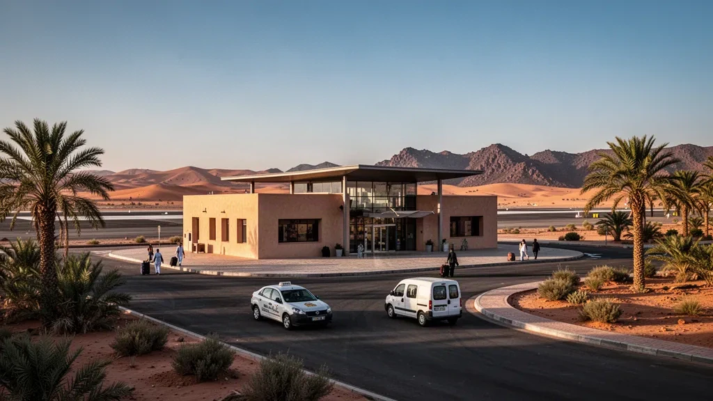Bâtiment terminal moderne et parvis de dépose bordé de palmiers à l'aéroport de Zagora au Maroc, encadrés par les collines du désert du Sahara à l'heure dorée.