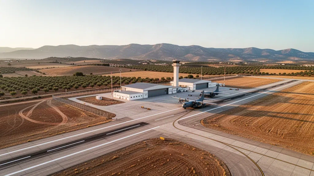 Blick zur goldenen Stunde auf die Startbahn, den Kontrollturm und die Hangars des Militärflugplatzes Morón in der trockenen andalusischen Landschaft bei Sevilla, Spanien