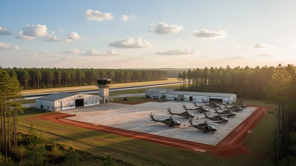 Vue à l'heure dorée de Cairns Army Airfield près de Fort Novosel, en Alabama, avec piste, hangars, tour de contrôle et hélicoptères de l'armée stationnés.