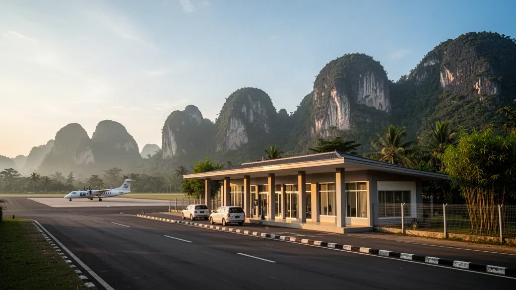 Petit terminal d'aéroport régional à Hpa-An, en Birmanie, avec une piste, un turbopropulseur stationné et des montagnes karstiques à l'heure dorée