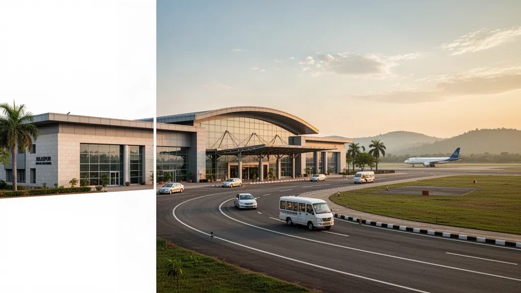 Moderne Glasfassade des Terminals und Vorfahrtspur am Flughafen Bilaspur in Chhattisgarh, Indien, in warmem Licht zur goldenen Stunde