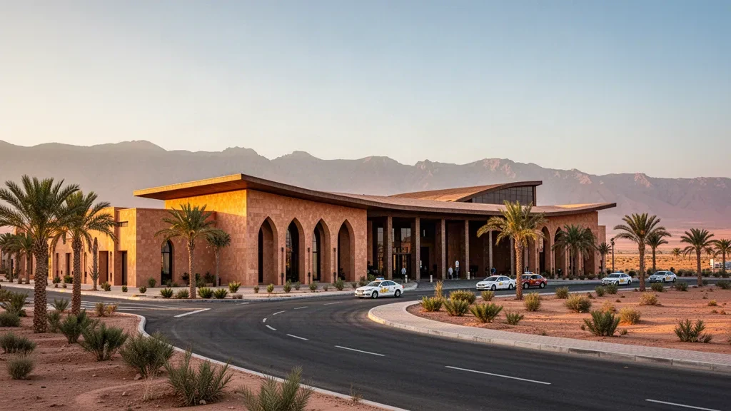 Ingresso del terminal dell'aeroporto di Ouarzazate con palme e montagne dell'Atlante all'ora d'oro in Marocco