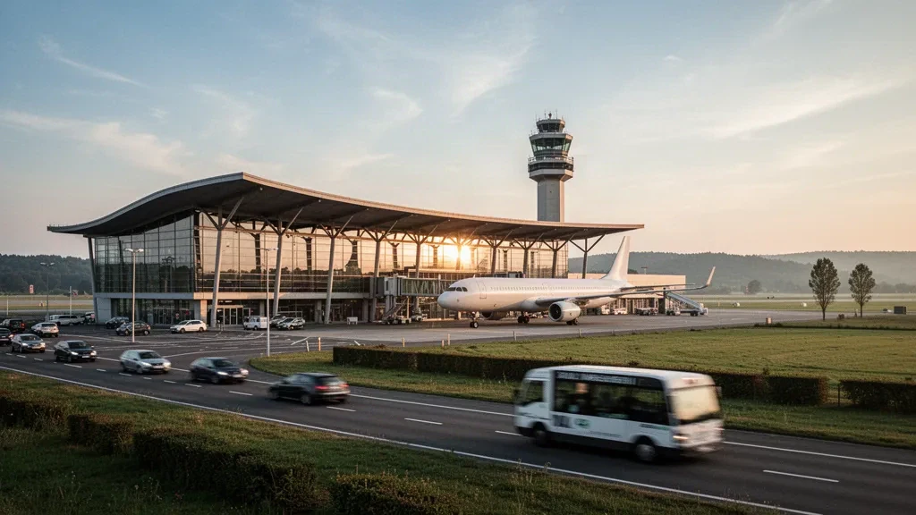 Modern glass terminal and apron at Paderborn Lippstadt Airport with an airliner and access road at golden hour