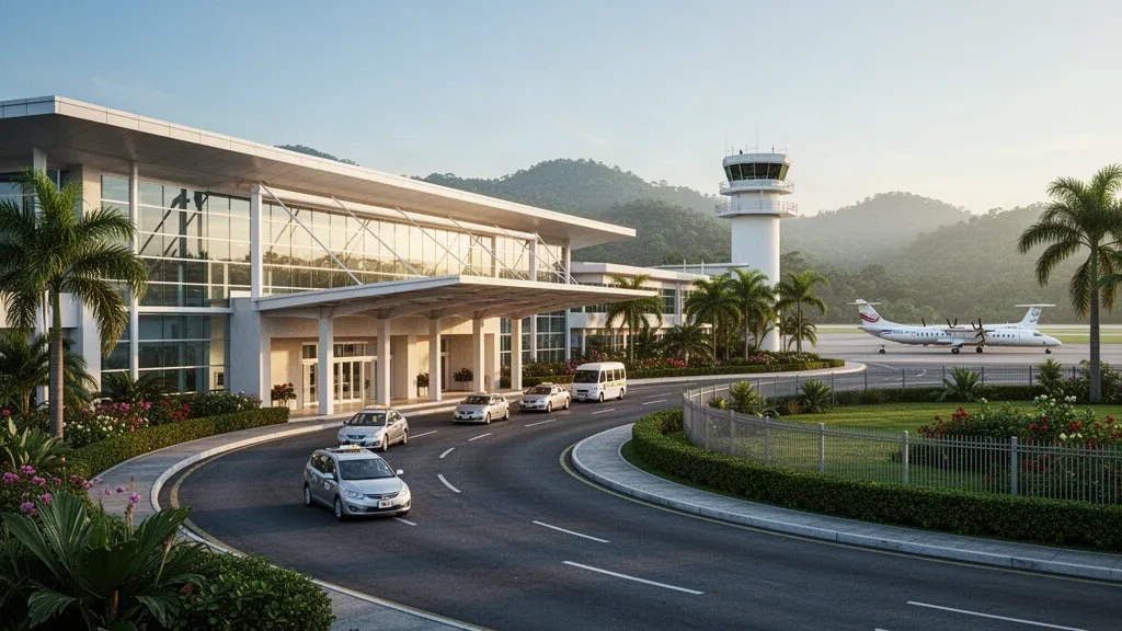 Albrook, Panama City'deki Marcos A. Gelabert Uluslararası Havaalanı'nda alçak terminal binası, indirme şeridi ve tropikal tepeler.