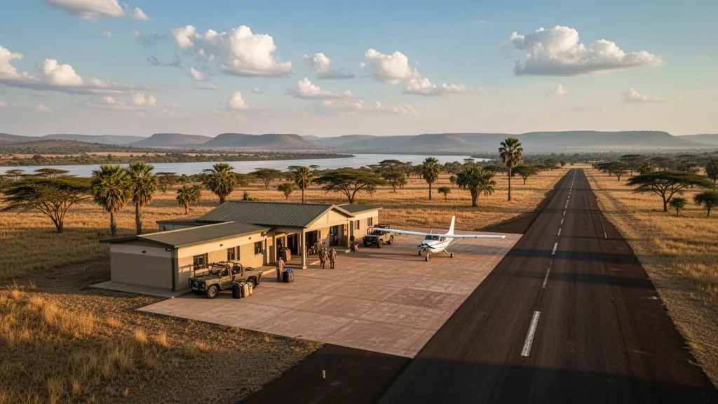 Avión de safari y pequeña terminal en la pista del aeropuerto de Pakuba, en el Parque Nacional Murchison Falls, Uganda, a la hora dorada