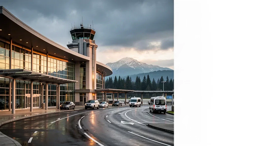 Terminal moderno in vetro e corsia di sosta per la riconsegna dei passeggeri al Seattle Paine Field International Airport di Everett, Washington, con alberi sempreverdi e le montagne delle Cascades