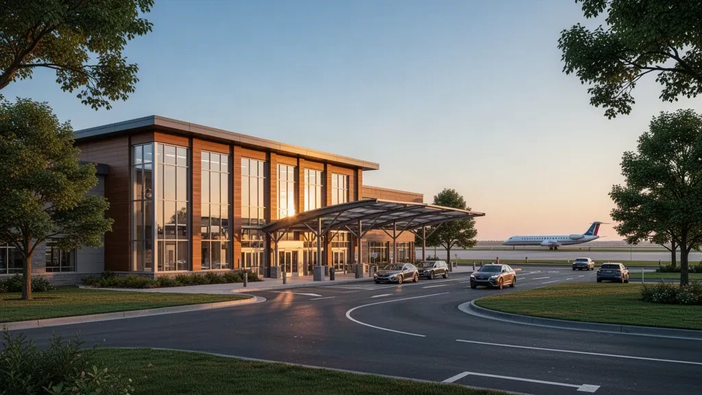Modern glass terminal exterior at Barkley Regional Airport in West Paducah, Kentucky, glowing at golden hour with a curbside drop-off lane