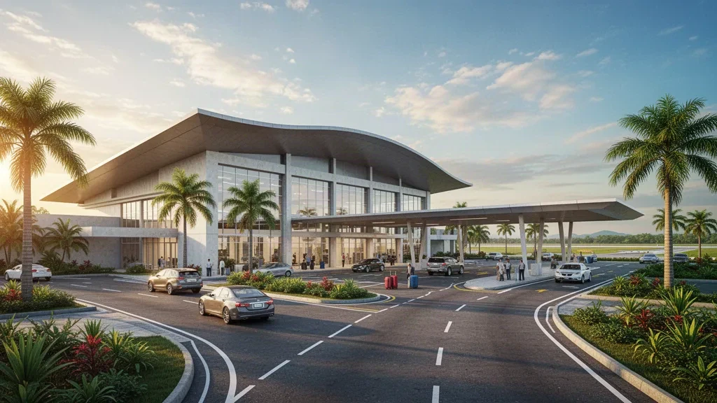 Extérieur du terminal moderne et zone de dépose à l'aéroport de Pagadian aux Philippines à l'heure dorée.