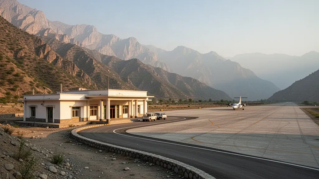 Kleines Terminal, Start- und Landebahn und parkende Turboprop-Maschine am Flughafen Parachinar im Kurram-Tal in Pakistan, eingerahmt von rauen Bergen zur goldenen Stunde.