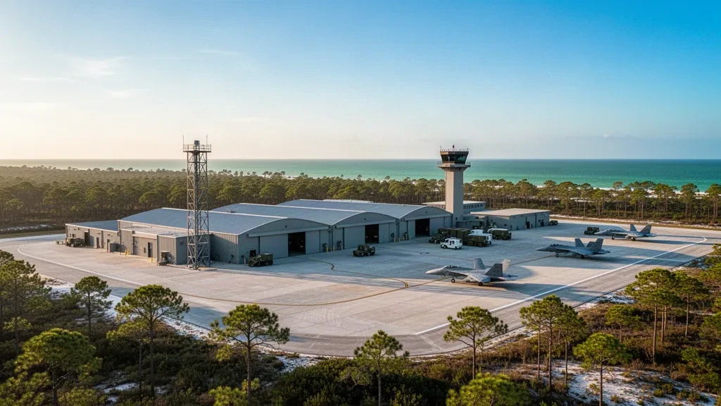 Amplia vista a la hora dorada del campo de aviación de la base de la Fuerza Aérea de Tyndall, cerca de Panama City, Florida, con hangares, torre y el horizonte de la costa del Golfo