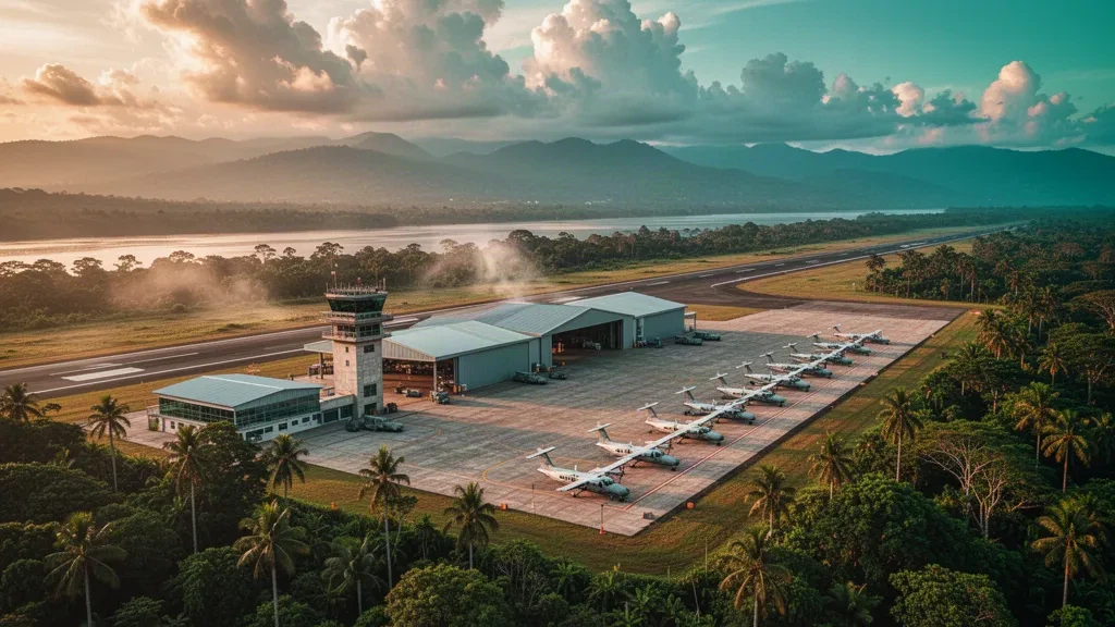 Vue panoramique à l'heure dorée de la base aérienne German Olano à Palanquero, en Colombie, montrant sa piste, ses hangars et son cadre de vallée fluviale tropicale