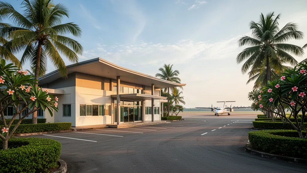 Flaches Terminalgebäude und tropische Palmenlandschaft am Flughafen Pattani in Südthailand im warmen Licht des späten Nachmittags